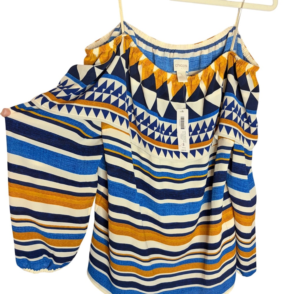 Chico's NWT Cold Shoulder Top Sz Large 3 Boho Blue Mustard Geometric Blouse